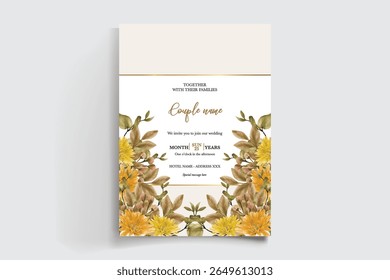 WEDDING INVITATION FRAME WITH FLOWER DECORATIONS AND FRESH LEAVES