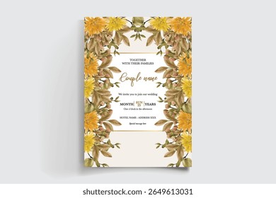 WEDDING INVITATION FRAME WITH FLOWER DECORATIONS AND FRESH LEAVES