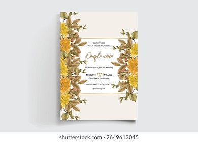 WEDDING INVITATION FRAME WITH FLOWER DECORATIONS AND FRESH LEAVES