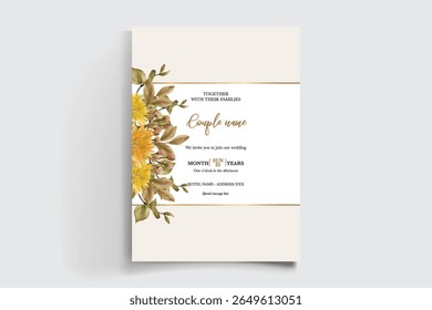 WEDDING INVITATION FRAME WITH FLOWER DECORATIONS AND FRESH LEAVES