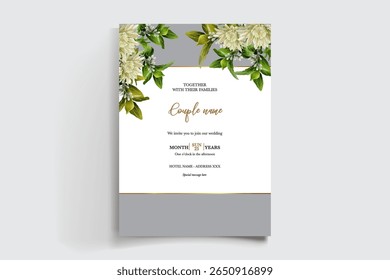 WEDDING INVITATION FRAME WITH FLOWER DECORATIONS AND FRESH LEAVES