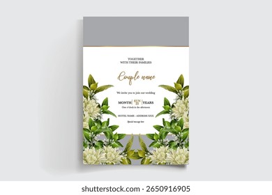 WEDDING INVITATION FRAME WITH FLOWER DECORATIONS AND FRESH LEAVES
