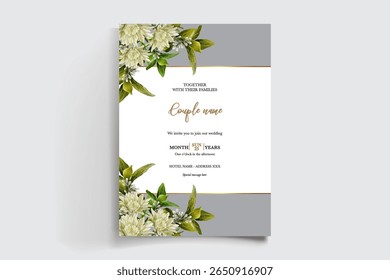 WEDDING INVITATION FRAME WITH FLOWER DECORATIONS AND FRESH LEAVES
