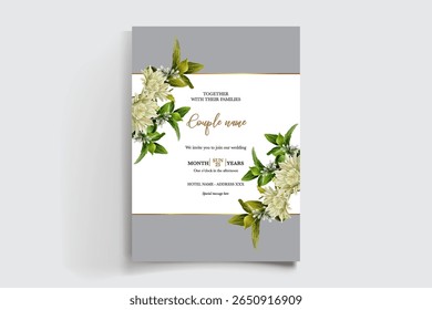 WEDDING INVITATION FRAME WITH FLOWER DECORATIONS AND FRESH LEAVES