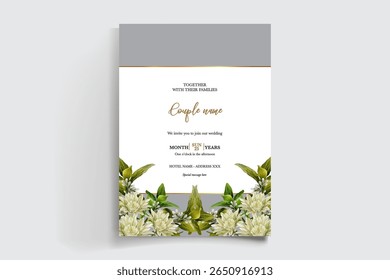 WEDDING INVITATION FRAME WITH FLOWER DECORATIONS AND FRESH LEAVES