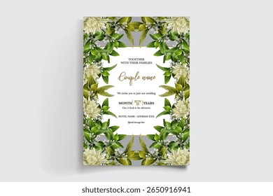 WEDDING INVITATION FRAME WITH FLOWER DECORATIONS AND FRESH LEAVES