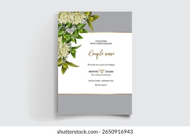 MARCO DE INVITACIÓN DE BODA CON DECORACIONES FLORALES Y HOJAS FRESCAS