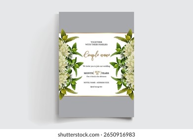 WEDDING INVITATION FRAME WITH FLOWER DECORATIONS AND FRESH LEAVES