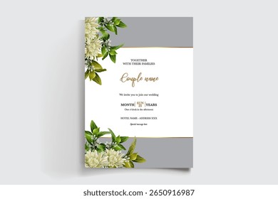 WEDDING INVITATION FRAME WITH FLOWER DECORATIONS AND FRESH LEAVES