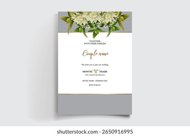 WEDDING INVITATION FRAME WITH FLOWER DECORATIONS AND FRESH LEAVES