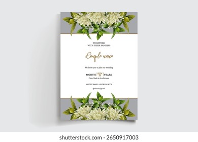 WEDDING INVITATION FRAME WITH FLOWER DECORATIONS AND FRESH LEAVES
