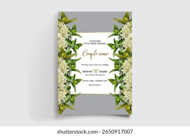 WEDDING INVITATION FRAME WITH FLOWER DECORATIONS AND FRESH LEAVES