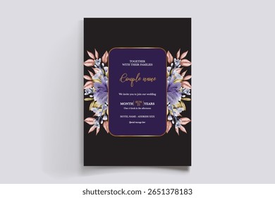 WEDDING INVITATION FRAME WITH FLOWER DECORATIONS AND FRESH LEAVES