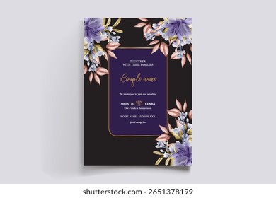 WEDDING INVITATION FRAME WITH FLOWER DECORATIONS AND FRESH LEAVES