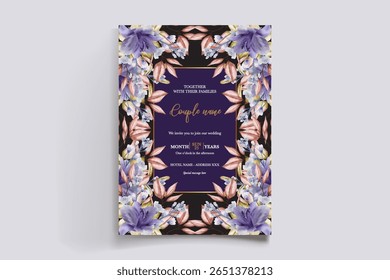 WEDDING INVITATION FRAME WITH FLOWER DECORATIONS AND FRESH LEAVES