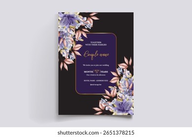 WEDDING INVITATION FRAME WITH FLOWER DECORATIONS AND FRESH LEAVES