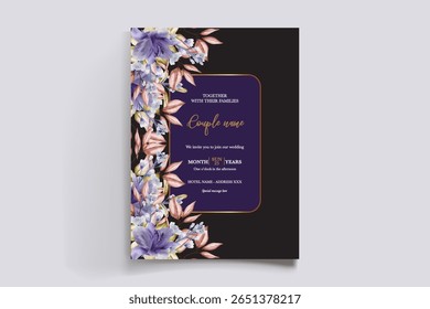 WEDDING INVITATION FRAME WITH FLOWER DECORATIONS AND FRESH LEAVES