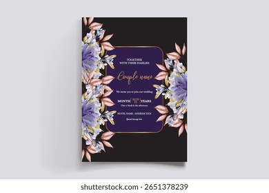 WEDDING INVITATION FRAME WITH FLOWER DECORATIONS AND FRESH LEAVES
