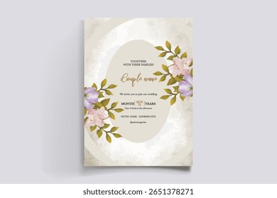 WEDDING INVITATION FRAME WITH FLOWER DECORATIONS AND FRESH LEAVES