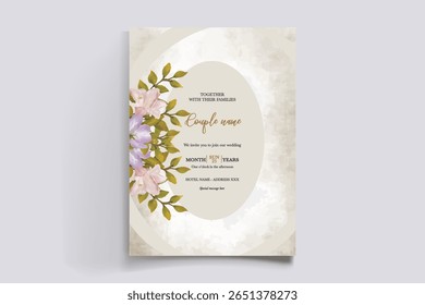 WEDDING INVITATION FRAME WITH FLOWER DECORATIONS AND FRESH LEAVES