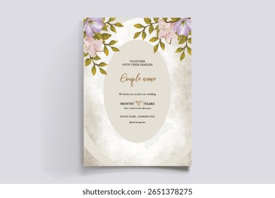 WEDDING INVITATION FRAME WITH FLOWER DECORATIONS AND FRESH LEAVES