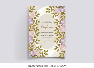 WEDDING INVITATION FRAME WITH FLOWER DECORATIONS AND FRESH LEAVES