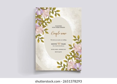 WEDDING INVITATION FRAME WITH FLOWER DECORATIONS AND FRESH LEAVES