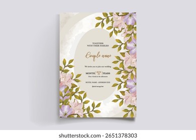 WEDDING INVITATION FRAME WITH FLOWER DECORATIONS AND FRESH LEAVES
