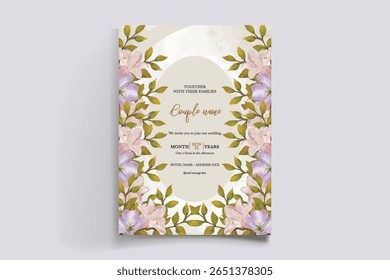 WEDDING INVITATION FRAME WITH FLOWER DECORATIONS AND FRESH LEAVES
