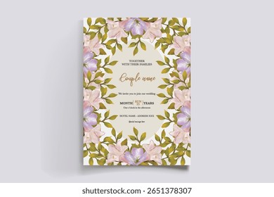 WEDDING INVITATION FRAME WITH FLOWER DECORATIONS AND FRESH LEAVES