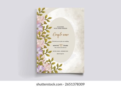 WEDDING INVITATION FRAME WITH FLOWER DECORATIONS AND FRESH LEAVES