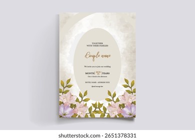 WEDDING INVITATION FRAME WITH FLOWER DECORATIONS AND FRESH LEAVES