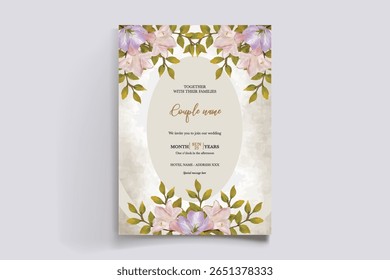 WEDDING INVITATION FRAME WITH FLOWER DECORATIONS AND FRESH LEAVES