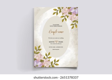 WEDDING INVITATION FRAME WITH FLOWER DECORATIONS AND FRESH LEAVES