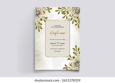 HOCHZEITSEINLADUNGSRAHMEN MIT BLUMENDEKORATIONEN UND FRISCHEN BLÄTTERN