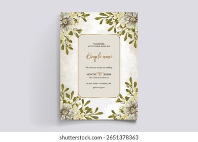 WEDDING INVITATION FRAME WITH FLOWER DECORATIONS AND FRESH LEAVES