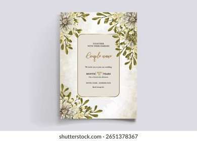 WEDDING INVITATION FRAME WITH FLOWER DECORATIONS AND FRESH LEAVES