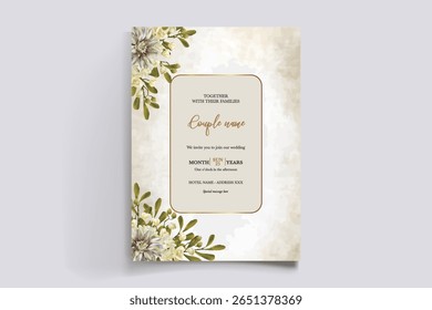 WEDDING INVITATION FRAME WITH FLOWER DECORATIONS AND FRESH LEAVES