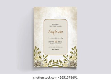 WEDDING INVITATION FRAME WITH FLOWER DECORATIONS AND FRESH LEAVES