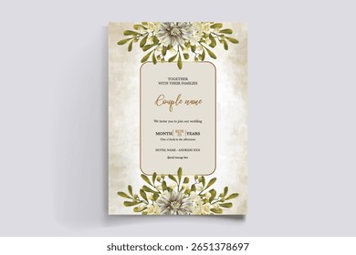 MARCO DE INVITACIÓN DE BODA CON DECORACIONES FLORALES Y HOJAS FRESCAS