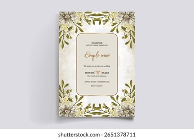 WEDDING INVITATION FRAME WITH FLOWER DECORATIONS AND FRESH LEAVES