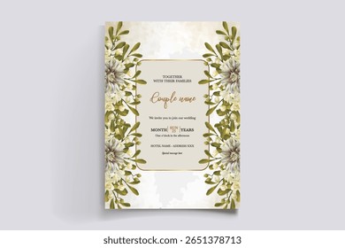 MARCO DE INVITACIÓN DE BODA CON DECORACIONES FLORALES Y HOJAS FRESCAS