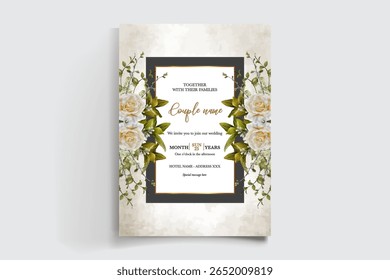 WEDDING INVITATION FRAME WITH FLOWER DECORATIONS AND FRESH LEAVES
