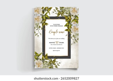 WEDDING INVITATION FRAME WITH FLOWER DECORATIONS AND FRESH LEAVES