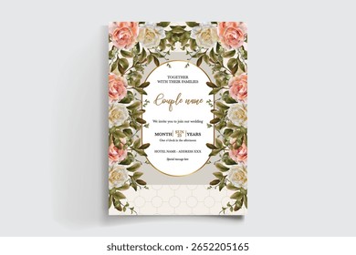 QUADRO DE CONVITE DE CASAMENTO COM DECORAÇÕES DE FLORES E FOLHAS FRESCAS