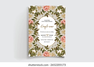 HOCHZEITSEINLADUNGSRAHMEN MIT BLUMENDEKORATIONEN UND FRISCHEN BLÄTTERN