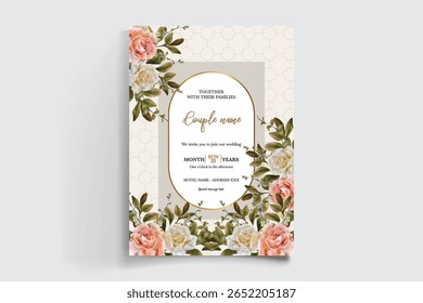 MARCO DE INVITACIÓN DE BODA CON DECORACIONES FLORALES Y HOJAS FRESCAS