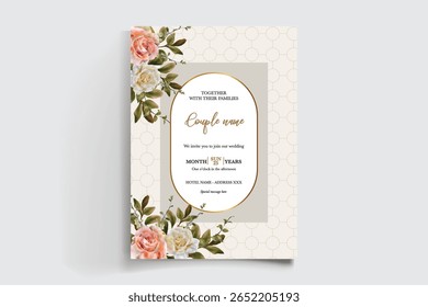 MARCO DE INVITACIÓN DE BODA CON DECORACIONES FLORALES Y HOJAS FRESCAS