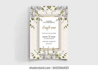 WEDDING INVITATION FRAME WITH FLOWER DECORATIONS AND FRESH LEAVES