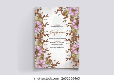 WEDDING INVITATION FRAME WITH FLOWER DECORATIONS AND FRESH LEAVES